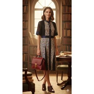 Anthropologie Style Mixed Media Midi Dress Abstract Print & Lace Sleeves S/M‎